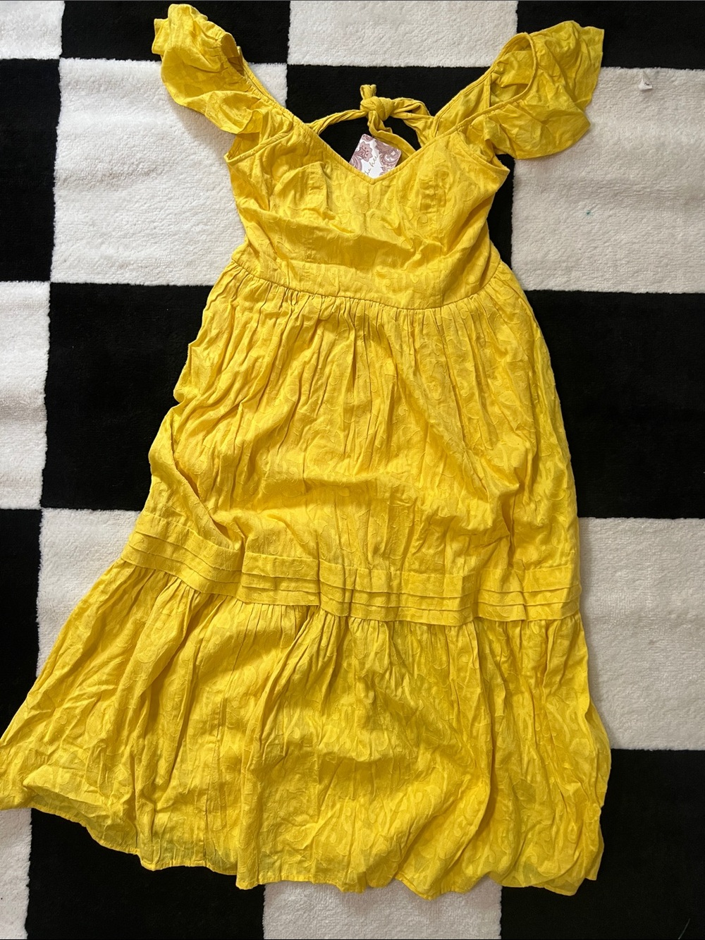Yellow Ruffle-Sleeve Midi Dress with Tie Back